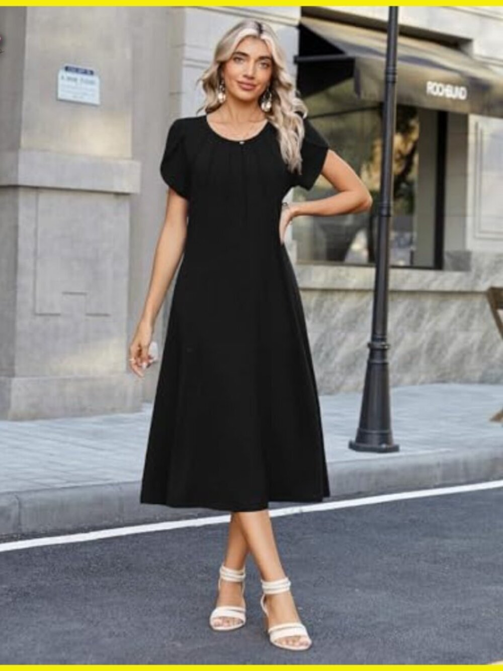 Pleated Midi Dress Boho Casual Summer Flowy A-Line Petal Sleeve Chic - Picture 2 of 7